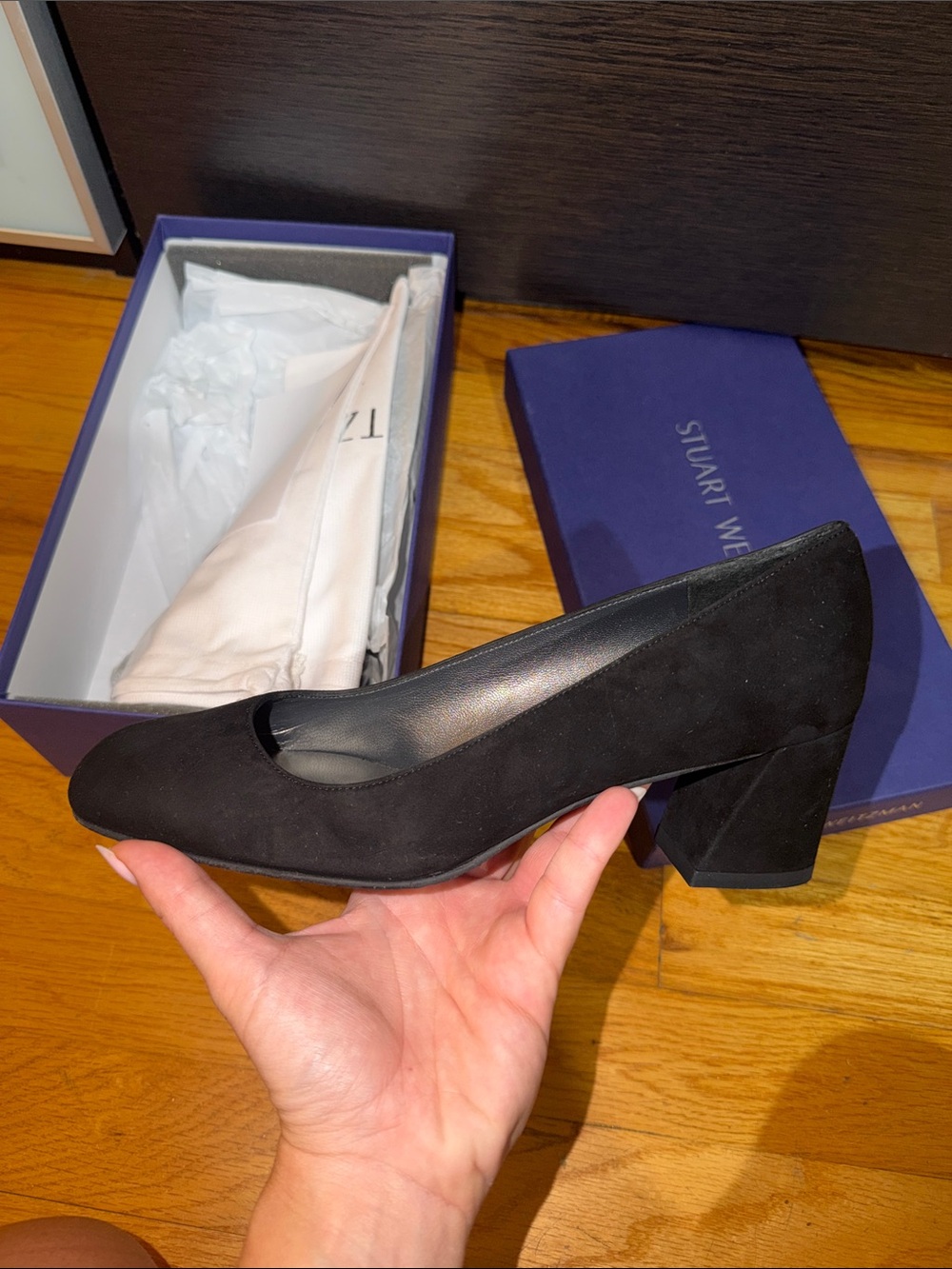 Stuart Weitzman Black Suede Mid Block Heel Pumps